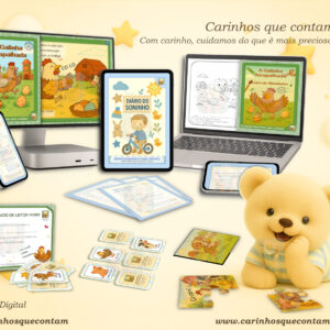 KIT COMPLETO Carinhos que Contam — Diário do Sono do Bebê, História infantil para encantar, Audiolivro, Certificado, Atividades e Jogos cognitivos